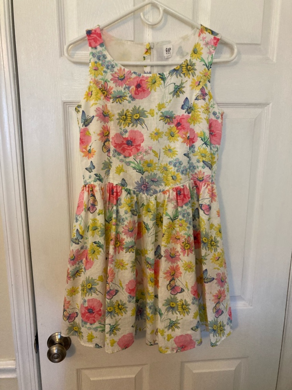 GAP Girls Floral Linen Cotton Blend Dress in White with Pink & Yellow Flowers